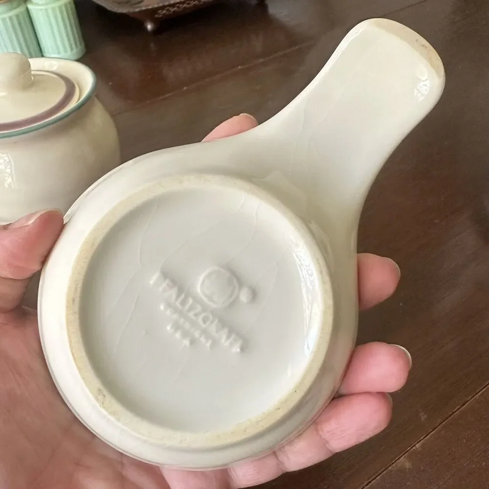 PFALTZGRAFF Juniper Creamer Sugar Bowl Spoon Rest Green Mauve‎ Stripe Vintage